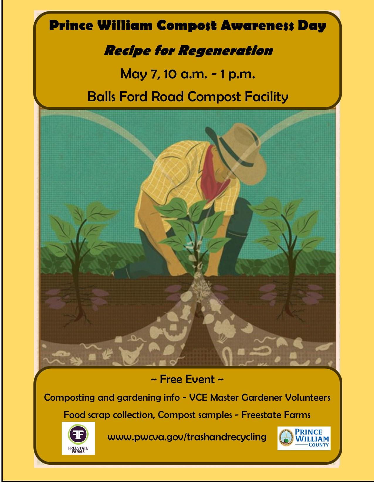 PWC Compost Awareness Day Flyer with event info and  farmer planting.