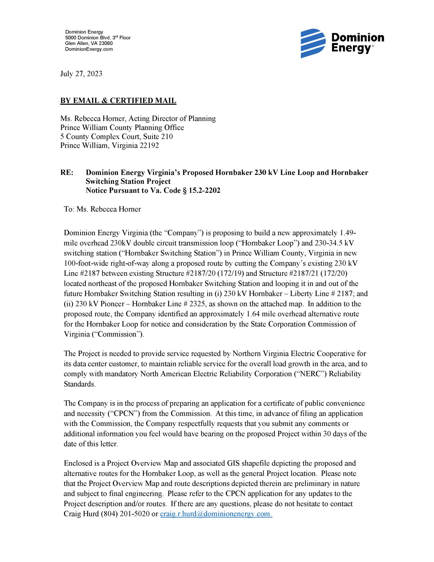 Dominion Energy Hornbaker Loop Letter