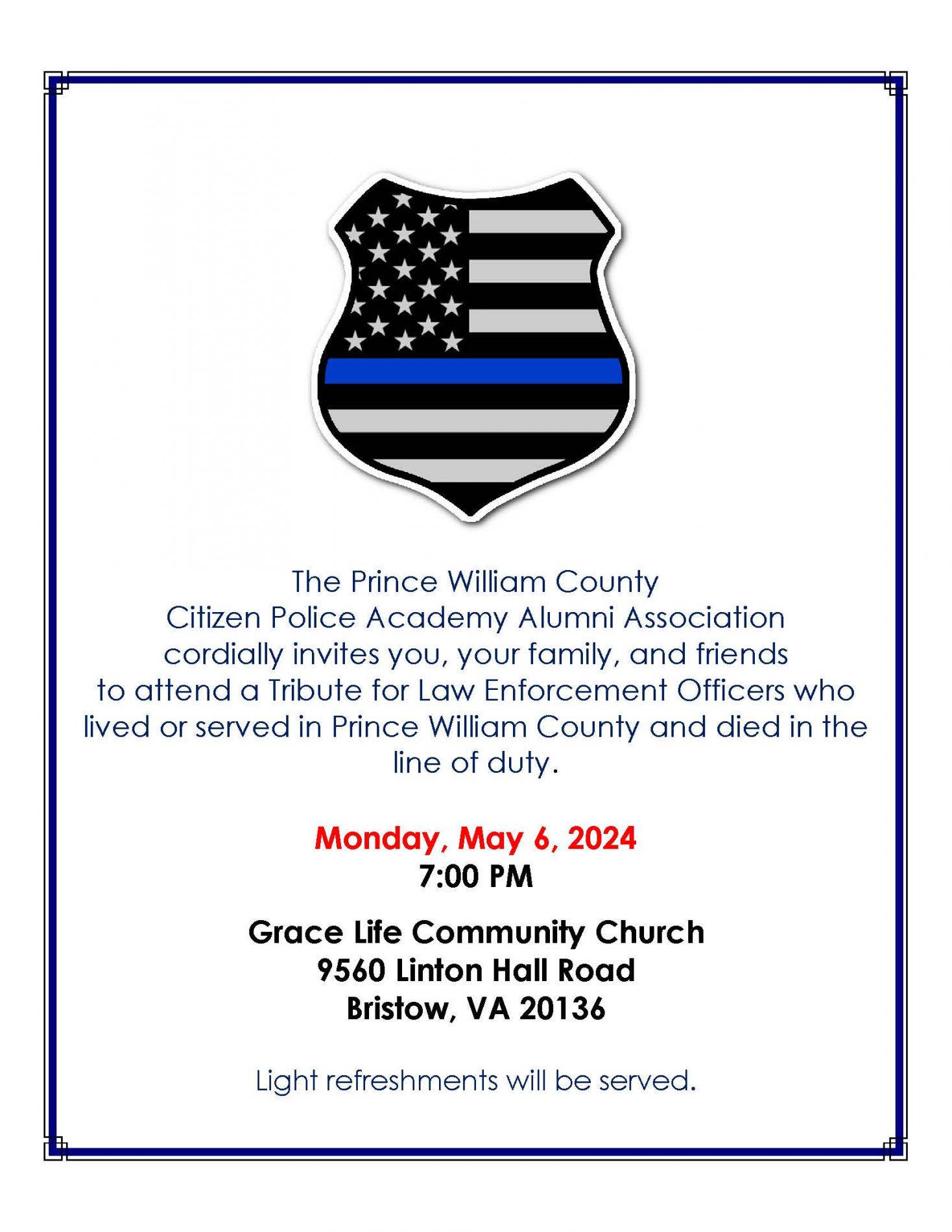 Flier about Candlelight Vigil and Tribute for Fallen Officers on May 6, 2024