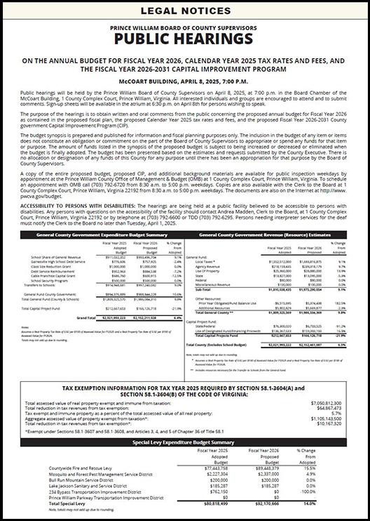 Image of the Public Hearing Ad on FY2026 Budget Tax Rates and Fees