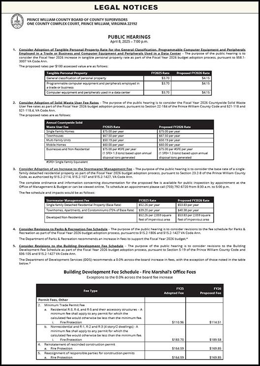 Image of the Public Hearing Ad for Fee Schedule Changes