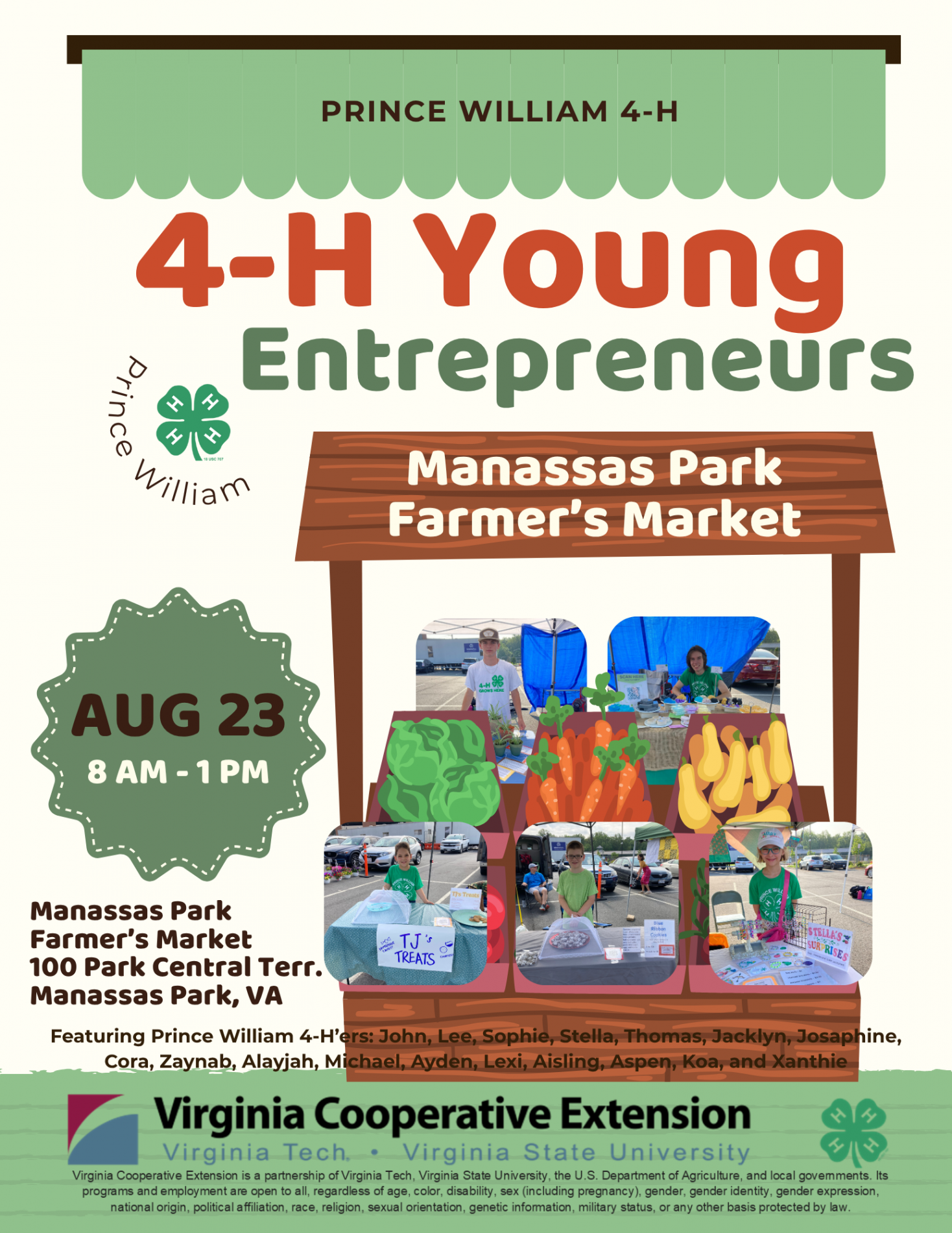 Prince William 4-H Young Entrepreneurs at the Manassas Park Farmer's Market on August 23, 2025 from 8 AM - 1 PM