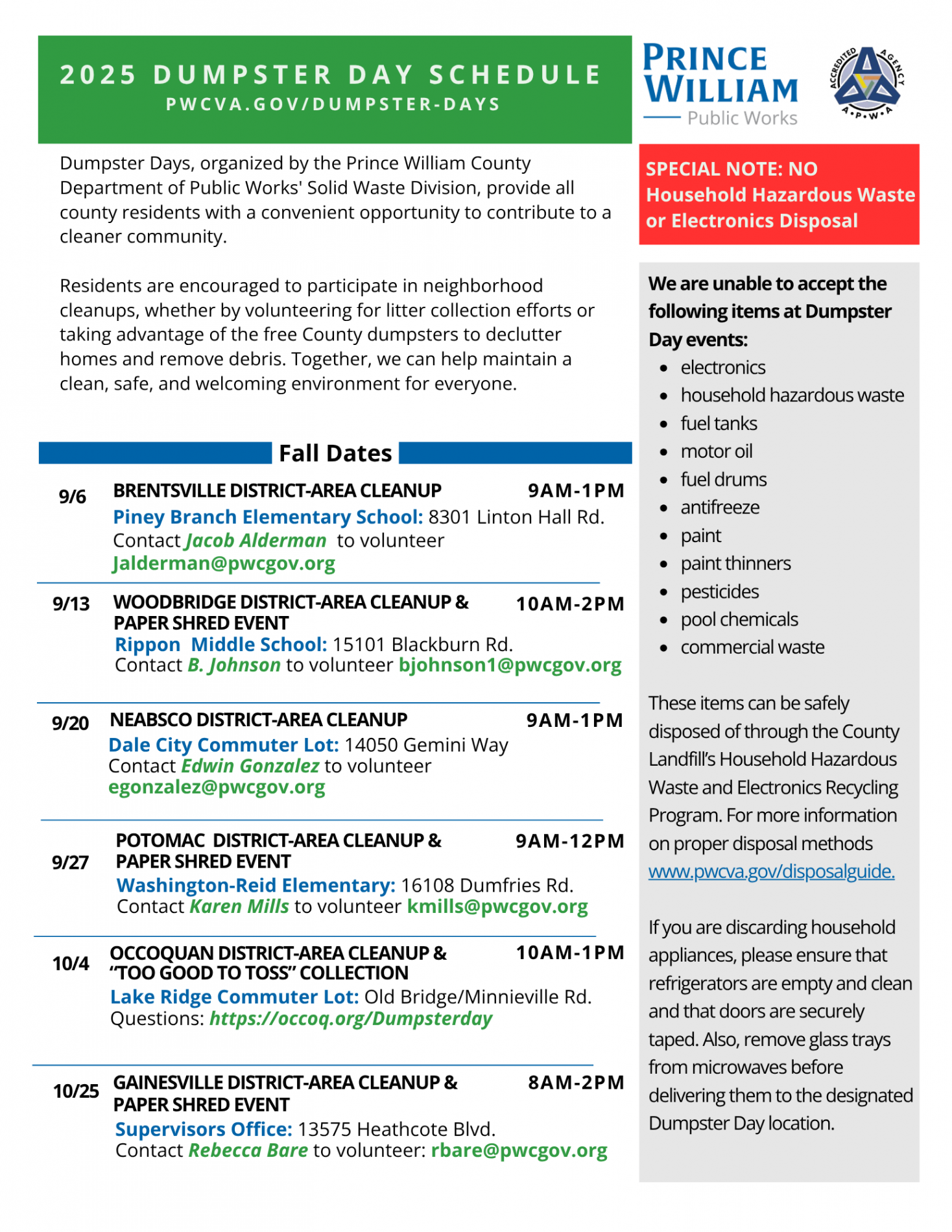 Dumpster Day Flyer Fall 2025 Events with days, times and locations listed.