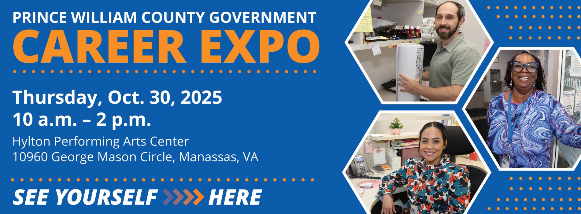 Details for upcoming Career Expo and images of employees.