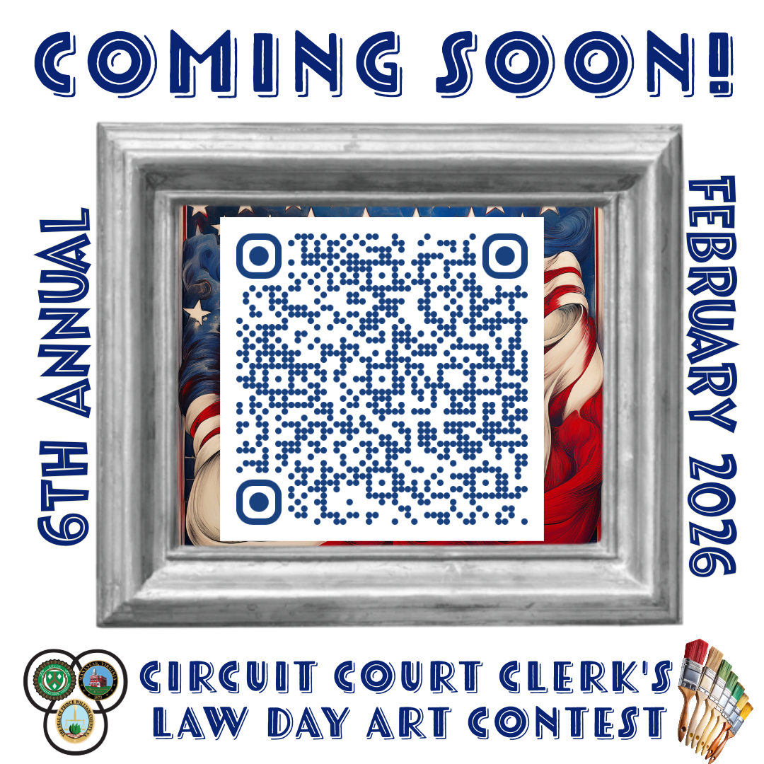 Text around a picture frame with a QR code and USA flag for the Circuit Court Clerk's Law Day Art Contest