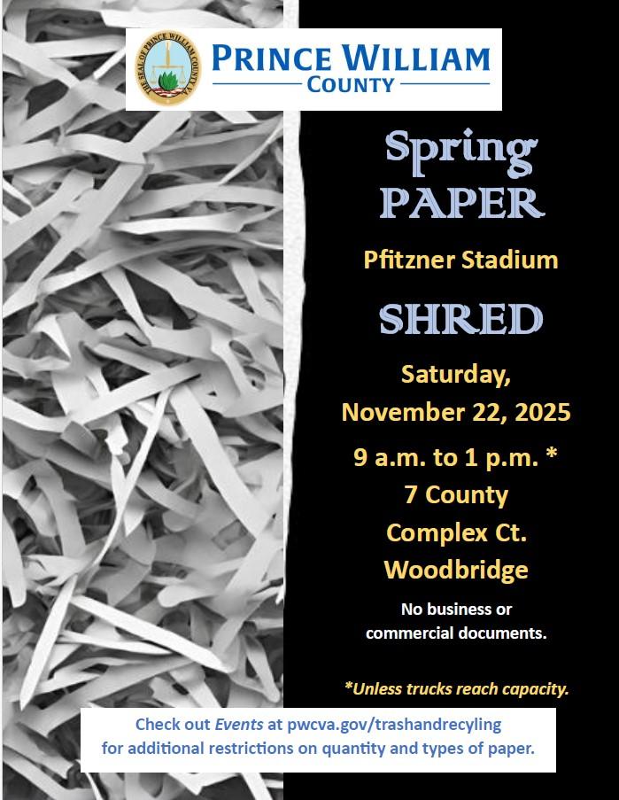 Paper shred flyer - November 22, 2025; 9 am to 1 pm, 7 County Complex Court, Woodbridge