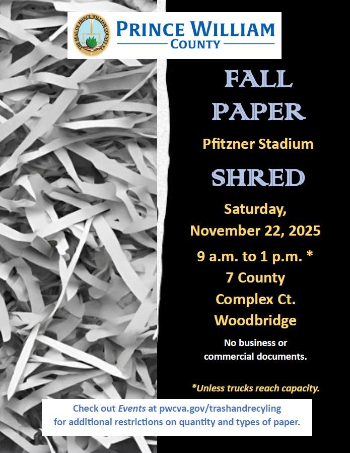Paper shred flyer - November 22, 2025; 9 am to 1 pm, 7 County Complex Court, Woodbridge