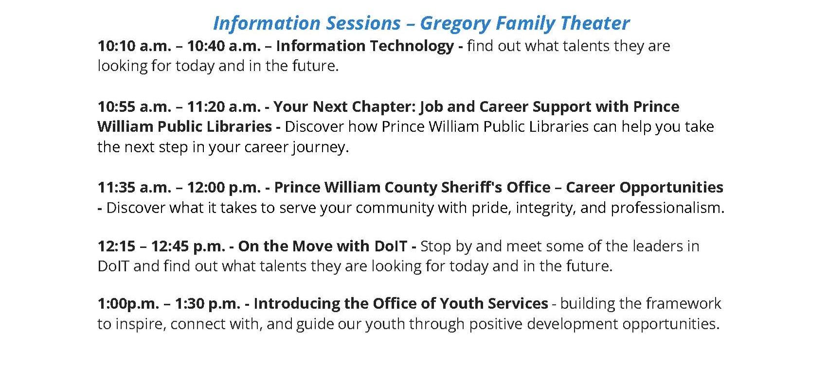 list of information sessions and descriptions