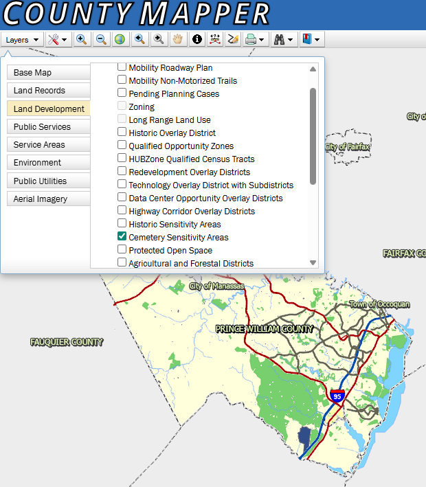 Image of the county mapper webpage with the highlighted steps to show the cemetery sensitivity area layer