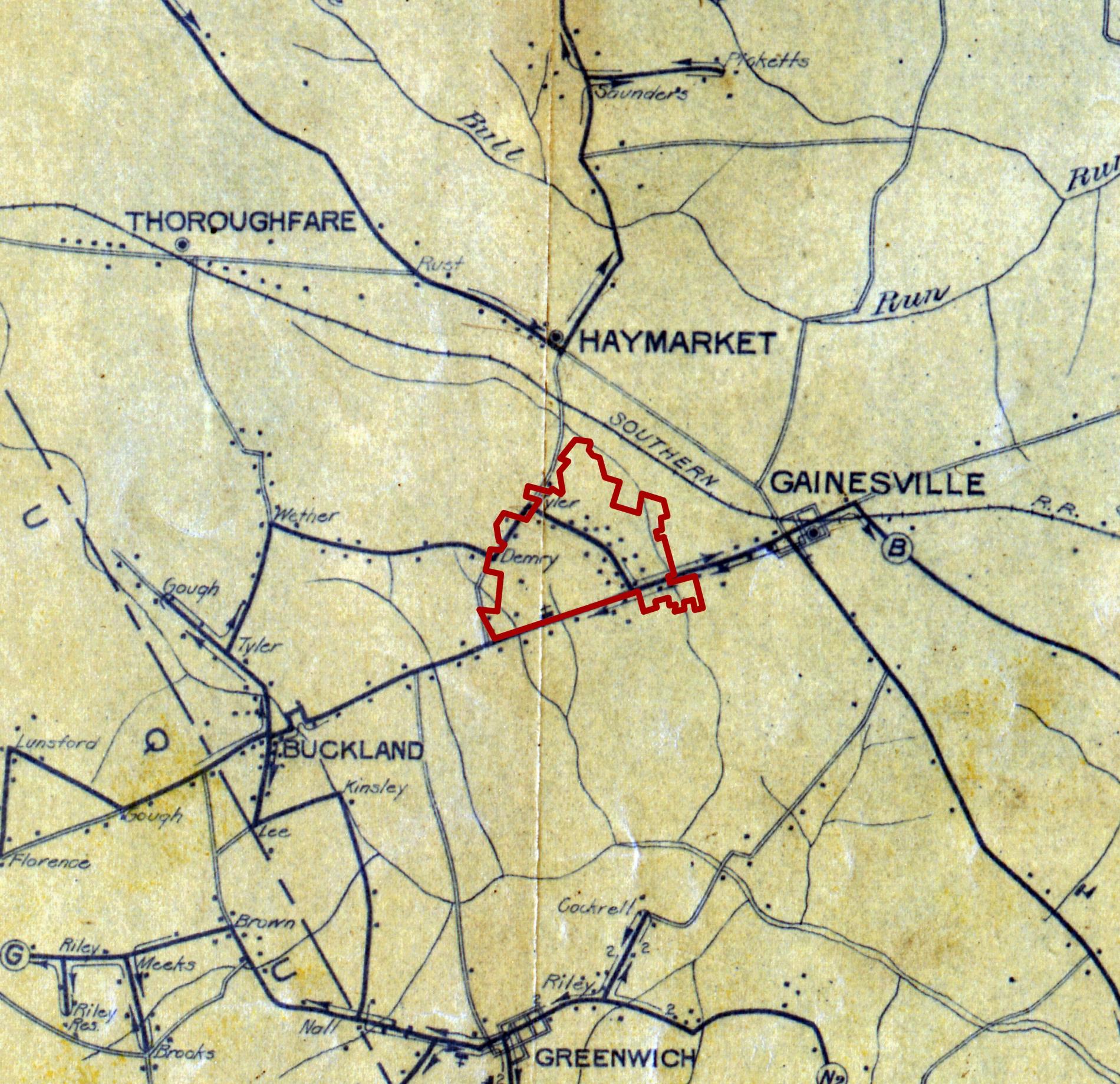 Historic map that shows the Gainesville area with The Settlement's boundaries outlined in red