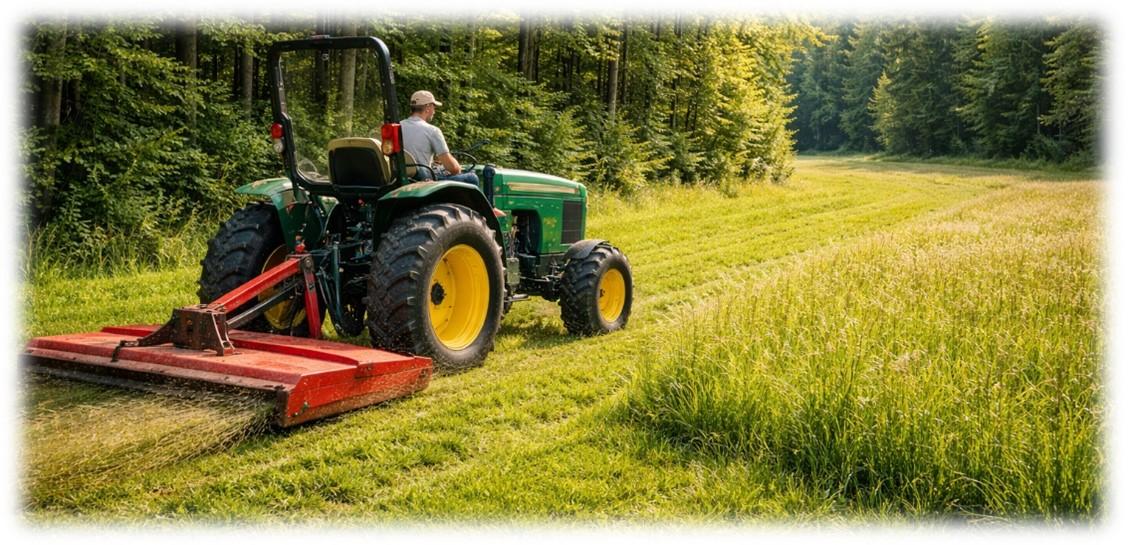 Person operating a green tractor with a rear-mounted mower, cutting tall grass in an open field bordered by a wooded area. Freshly mowed grass forms visible rows behind the tractor, showing active field maintenance.