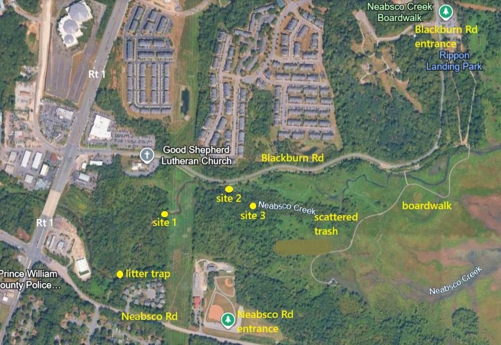 Aerial map of the Neabsco Creek area showing roads, neighborhoods, and parkland. Yellow labels mark cleanup-related locations including “site 1,” “site 2,” and “site 3” along Neabsco Creek, a litter trap near Neabsco Road, and an area of scattered trash near the boardwalk. Entrances are labeled at Neabsco Road and Blackburn Road, with nearby landmarks such as Rippon Landing Park, the Neabsco Creek Boardwalk, Route 1, and Good Shepherd Lutheran Church.