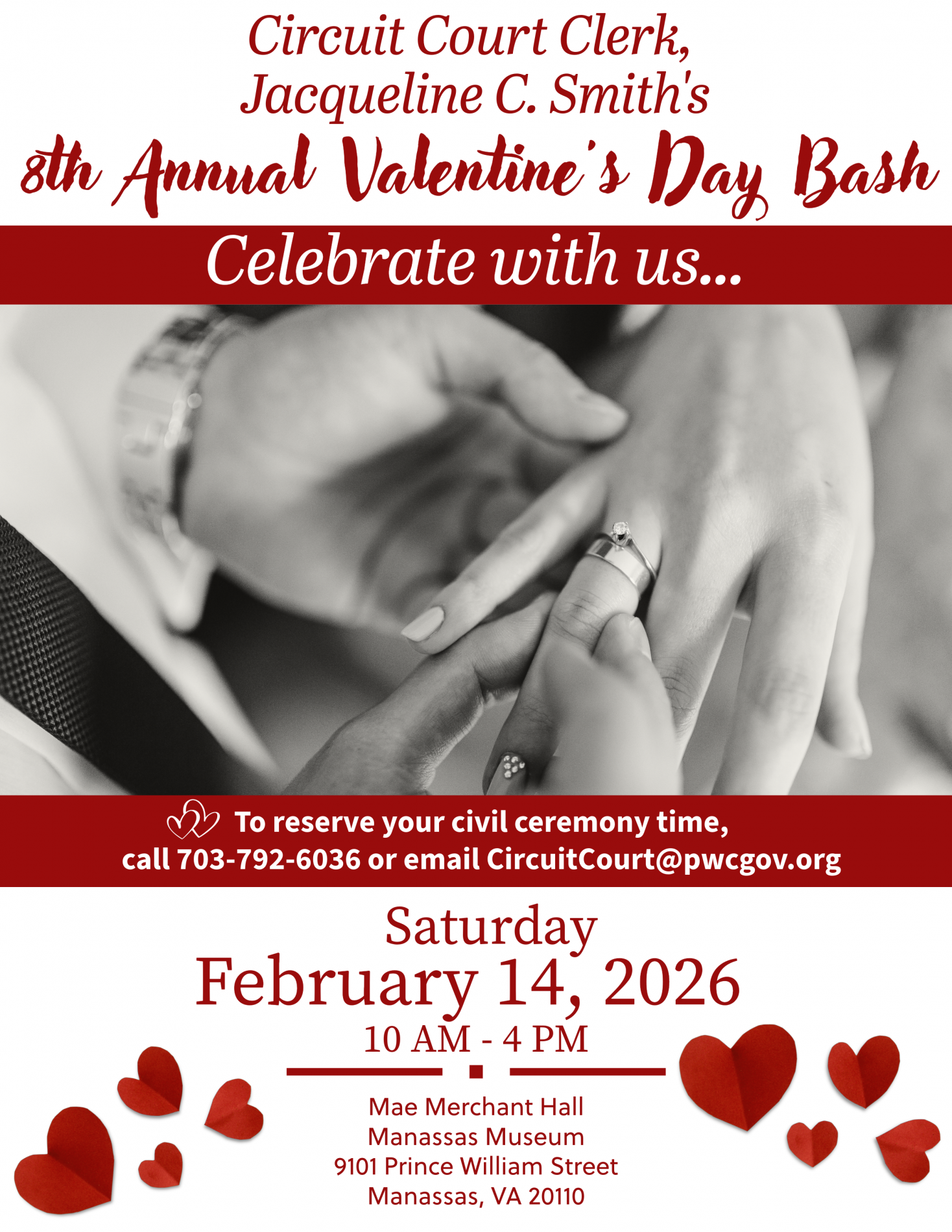 Flyer with information for the Circuit Court Clerk's 8th Annual Valentines Day Bash