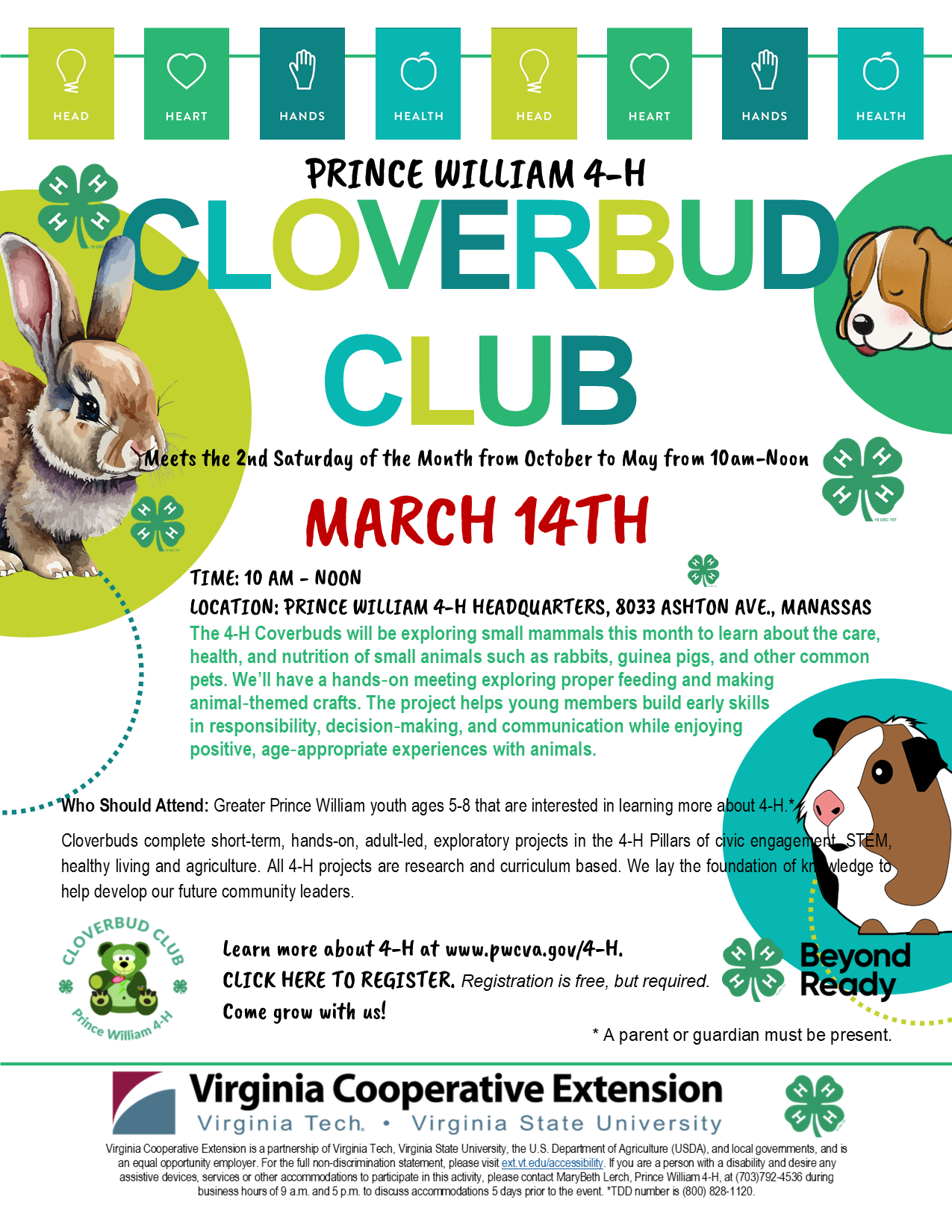A colorful 4‑H Cloverbud Club flyer featuring illustrations of small animals, 4‑H clover icons, and event details for a March 14th meeting focused on learning about and caring for small mammals at the Prince William 4‑H Headquarters.