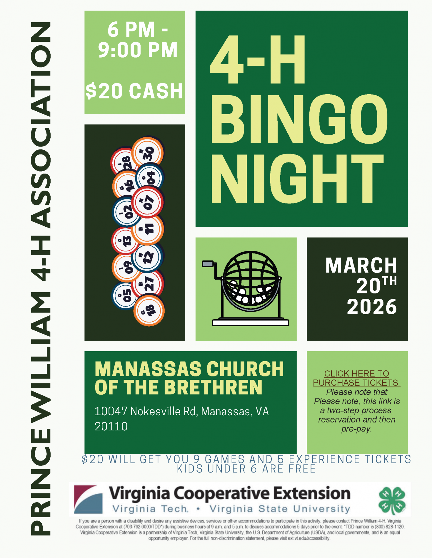 A flyer advertises a 4‑H Bingo Night with green and yellow blocks of text, bingo ball graphics, and a bingo cage illustration. It lists the date of March 20, 2026, the time of 6–9 PM, a $20 cash entry, and the location at Manassas Church of the Brethren. Logos for Virginia Cooperative Extension and the 4‑H clover appear at the bottom.