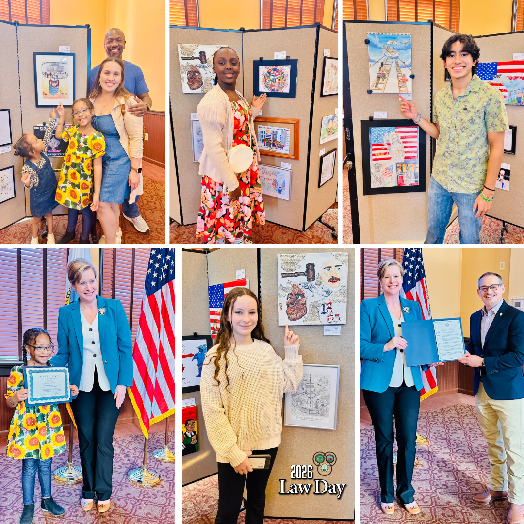 Collage of photos from the Law Day ceremony including art, students, the Circuit Court Clerk, and a member of the Board of County Supervisor 