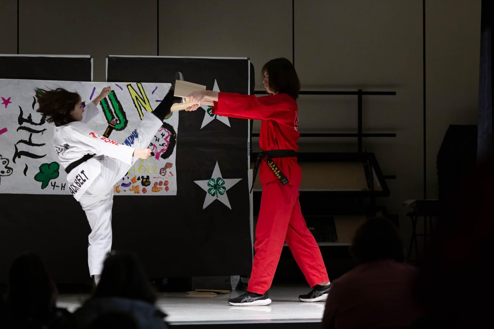 Prince William 4-H'er demonstrating Tae Kwon Do skills by kicking and breaking a board held by a friend at Prince William 4-H 2026 Contest Day,