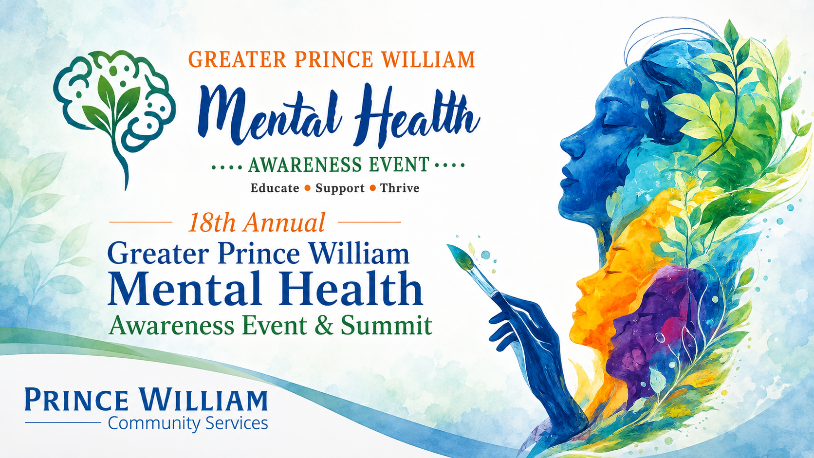 Cover banner for 18th Annual Greater Prince William Mental Health Awareness Event & Summit featuring artistic profiles in blue, yellow and purple surrounded by colorful leaves 