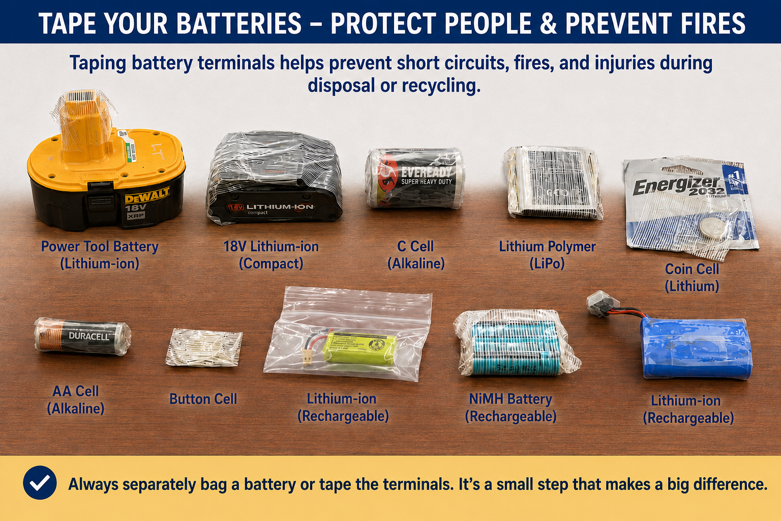 Various household batteries separately bagged or with clear tape secured over terminals for safer recycling. 