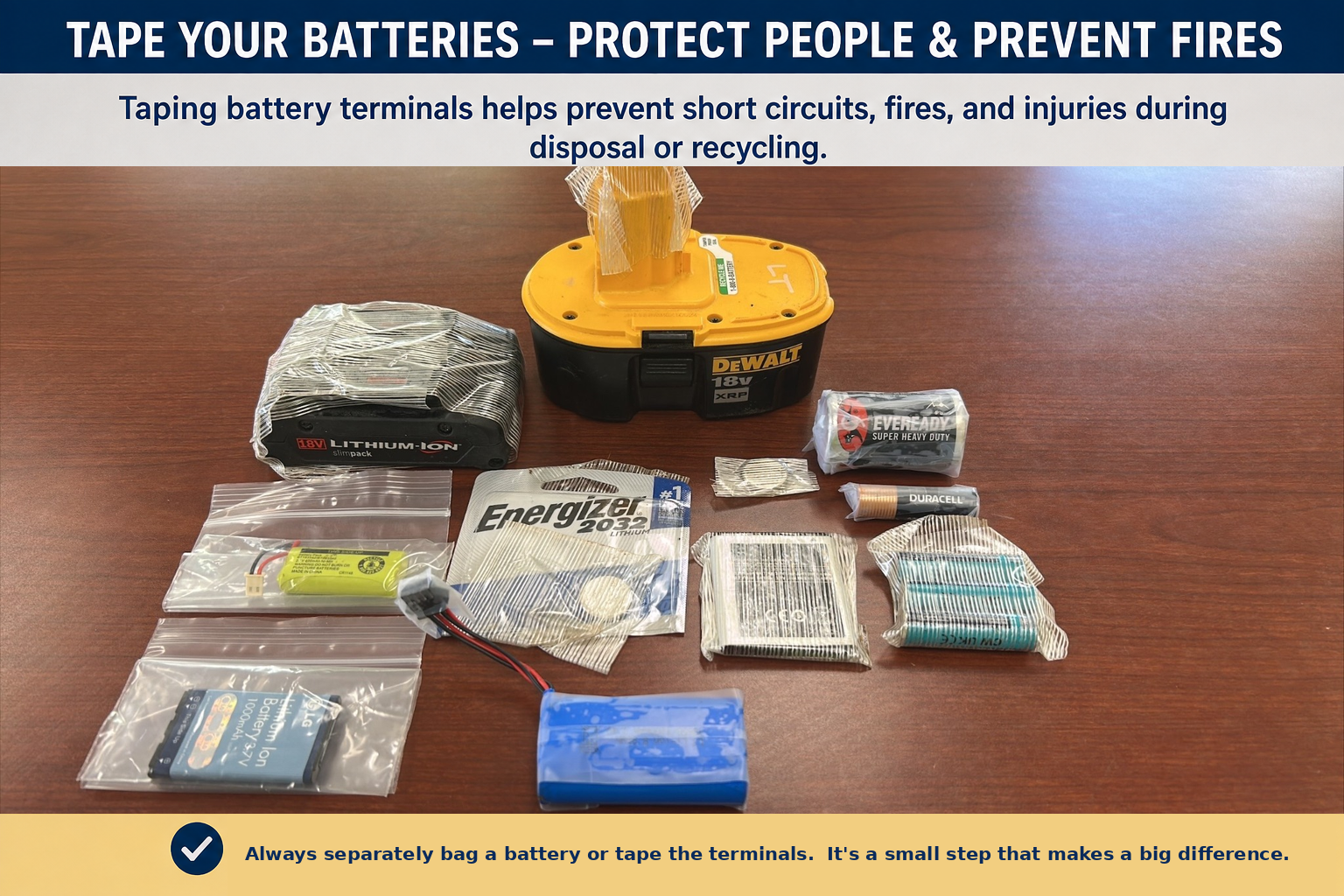 Various household batteries separately bagged or with clear tape secured over terminals for safer recycling. 