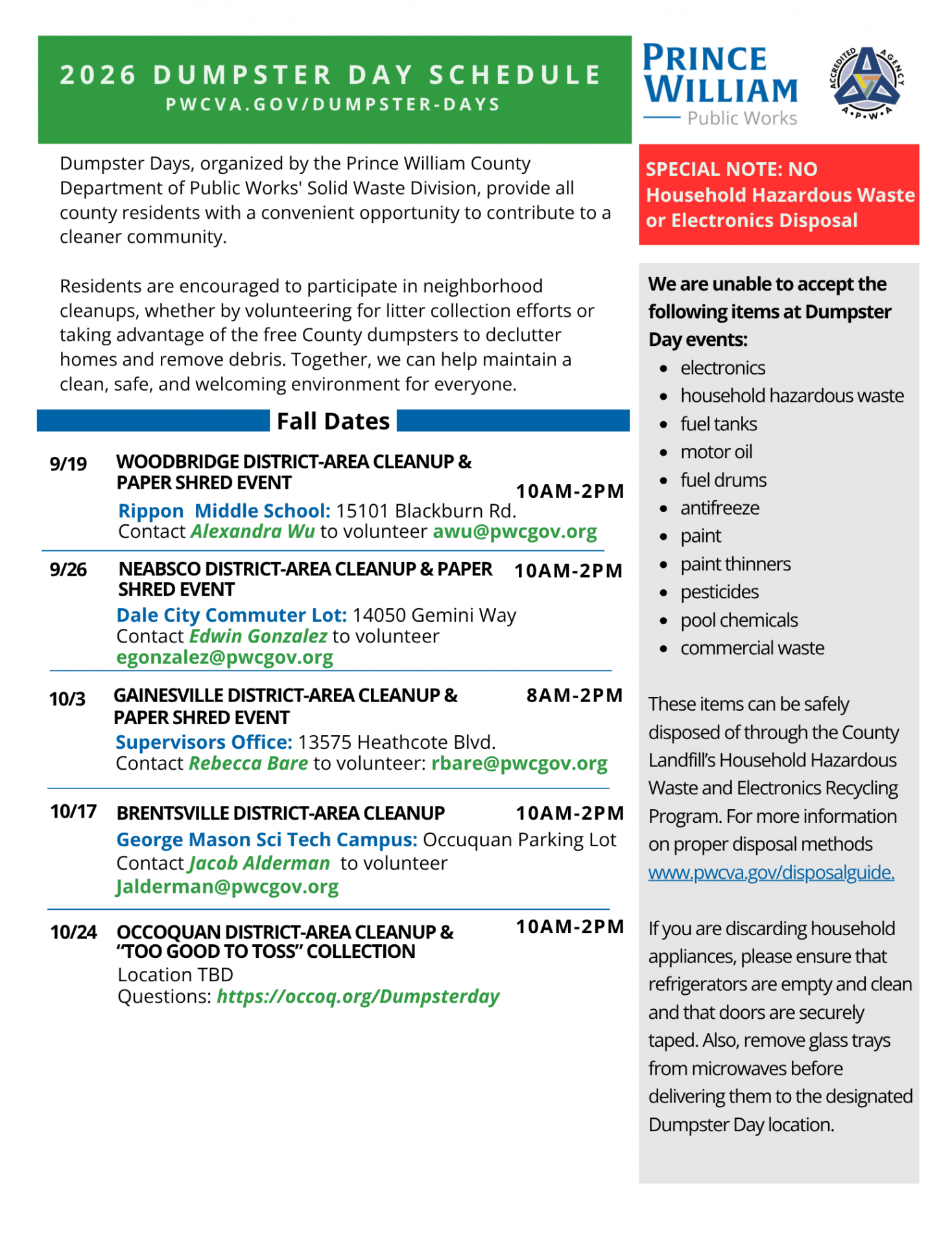 Dumpster Day Flyer Fall 2026 Events