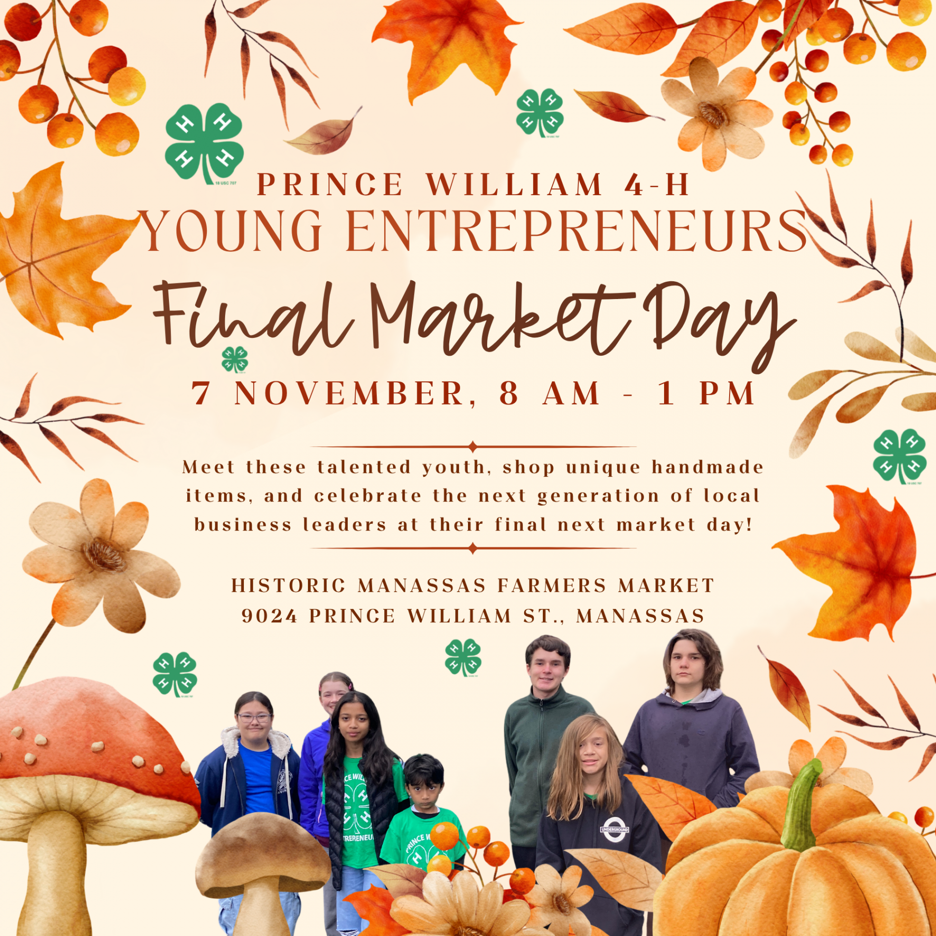 Prince William 4-H  Young Entrepreneurs November Market Day save the date featuring fall leaves, pumpkins, mushrooms, and a group of 4-H'ers smiling.
