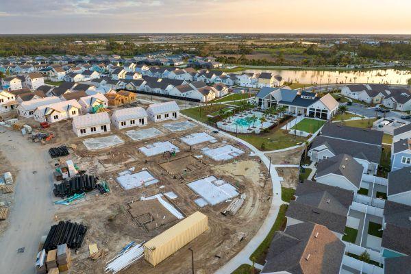 Ariel photo of a housing development partly completed.  